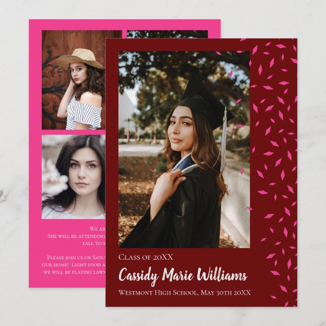 Rosa Maroon Confetti Studenten Meddelande Inbjudningar (Fram/baksida)