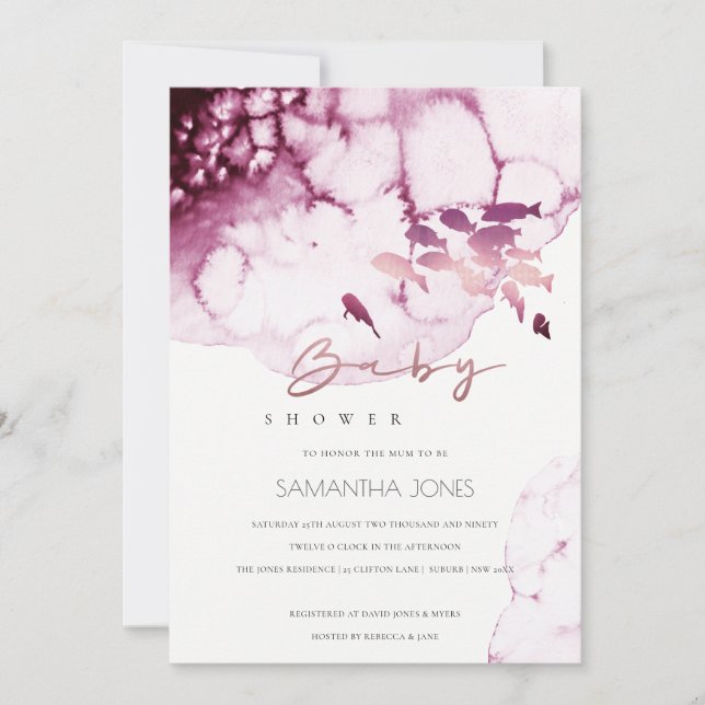 Rosa Maroon Underwater Fish Baby Shower Inbjudan (Framsida)