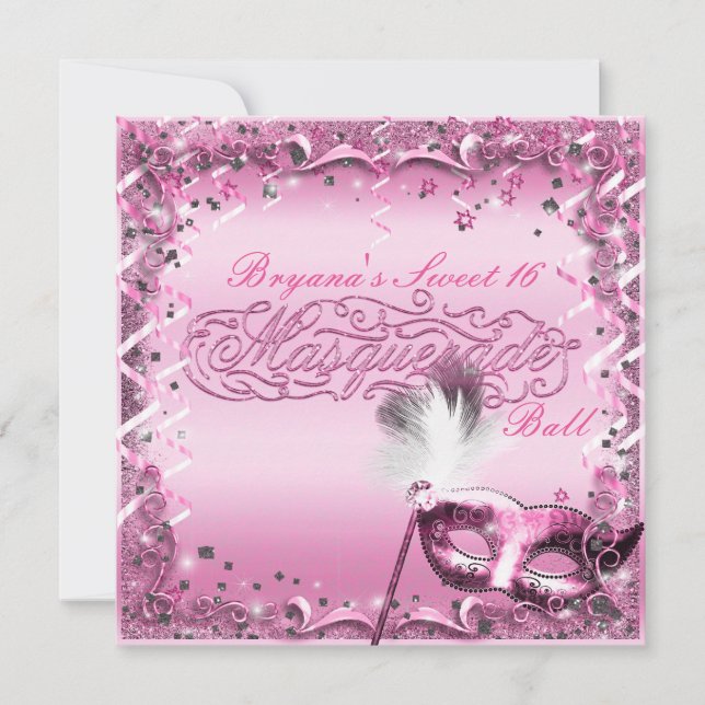 Rosa maskeradmask elegant bal fest inbjudningar (Framsida)