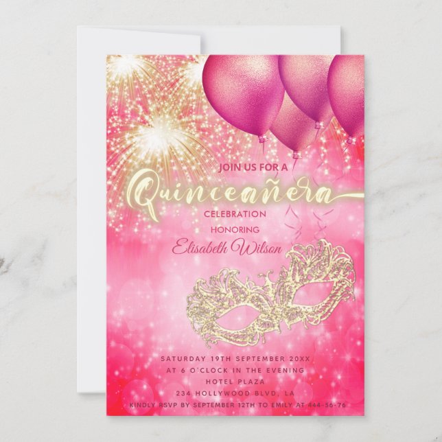 Rosa Masqueraballongfyrverkeriet Quinceañera Inbjudningar (Framsida)