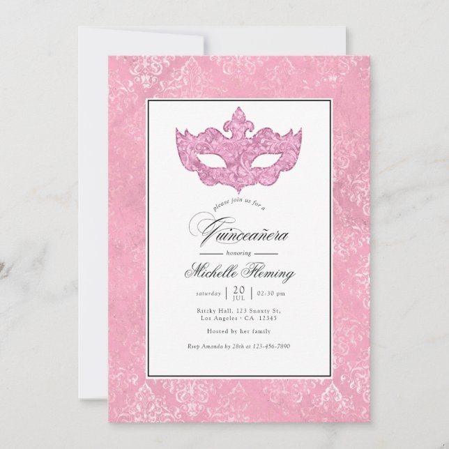 Rosa Masquerade Quinceañera Inbjudningar (Framsida)