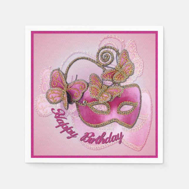 Rosa Masqueramask Birthday Napkins Pappersservett (Framsidan)