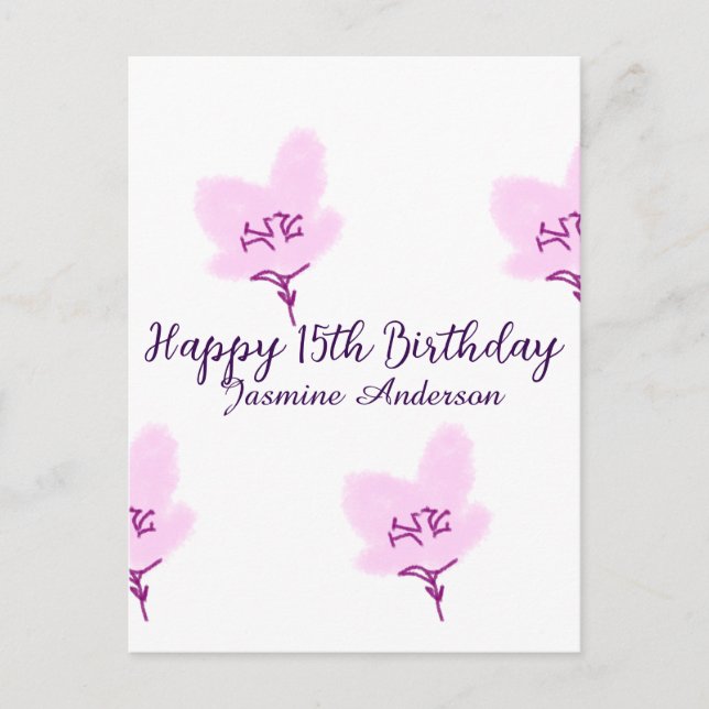 Rosa mauve blommig 15-årsdag quinceanera namn d vykort (Framsida)