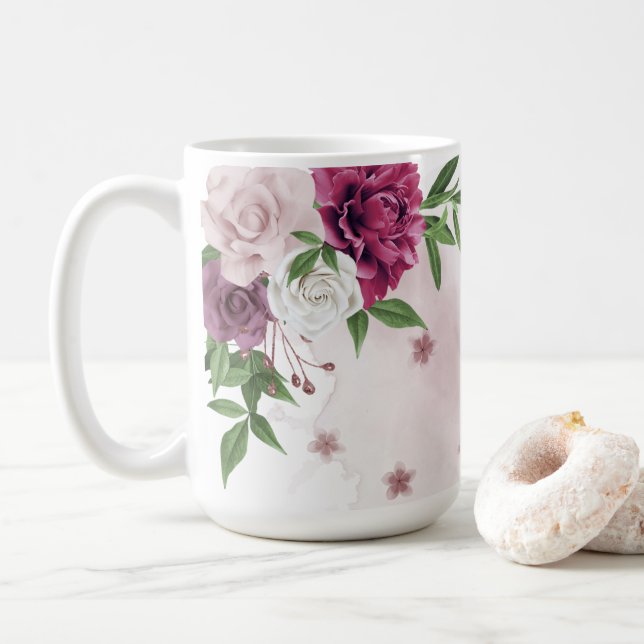 rosa mauve blommor grönska kaffemugg (Med munk)