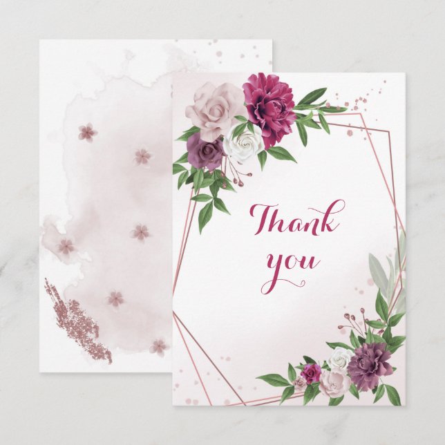 rosa mauve-blommor tack kort (Fram/baksida)