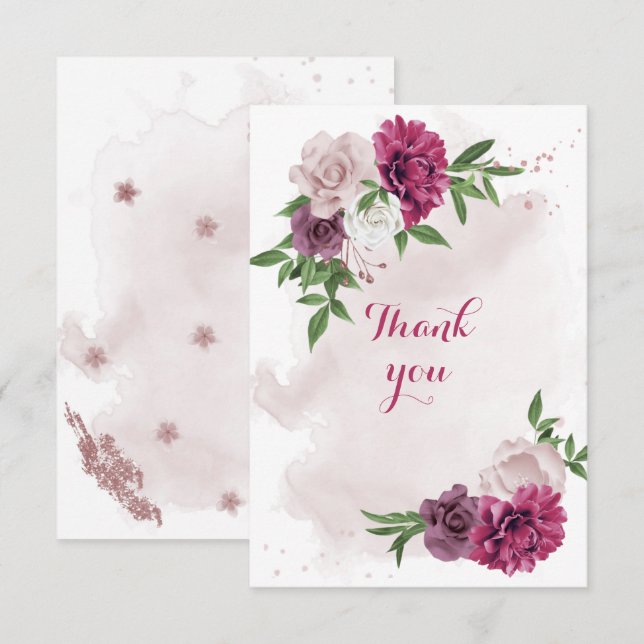 rosa mauve-blommor tack kort (Fram/baksida)