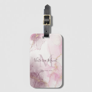 Rosa Mauve Guld Vein Marble Script Bagagebricka