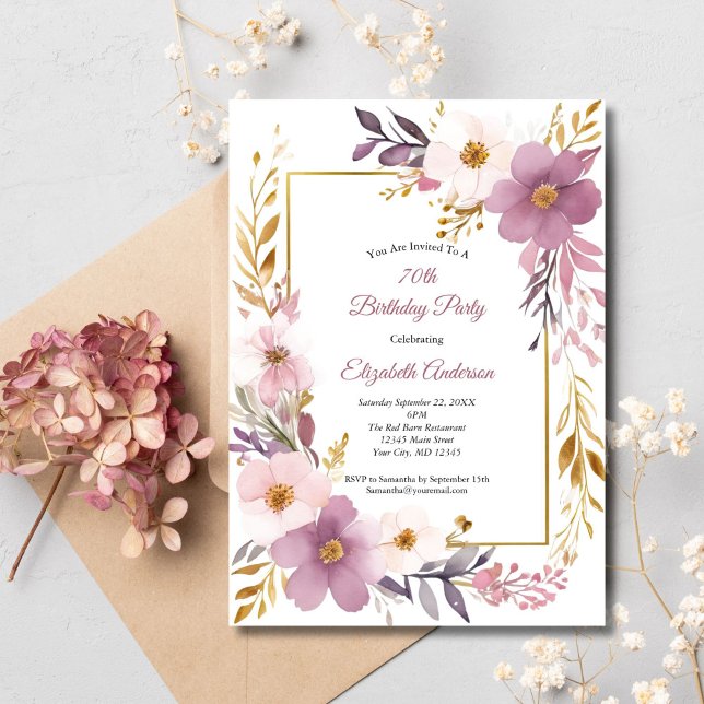 Rosa Mauve Guld Watercolor Blommigt 70:e födelseda Inbjudningar (Pink Mauve Purple Gold Watercolor Floral Botanical Birthday invitation for her)