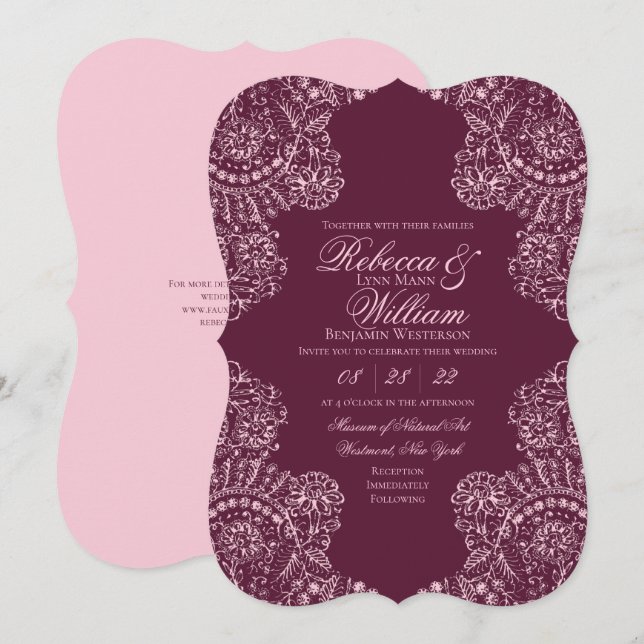 Rosa Mauve Vin Snöre Elegant  Gothic Bröllop Inbjudningar (Fram/baksida)
