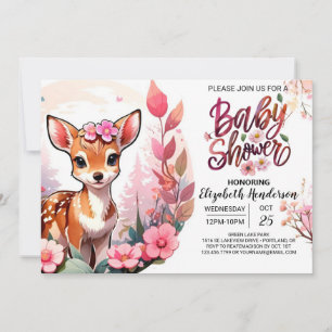 Rosa Meadow Baby Hjort Watercolor Baby Shower Inbjudningar