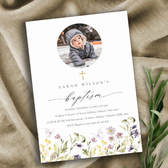 Rosa Meadow Blommigt Butterfly Photo Baptism Inbju Tack Kort (Skapare uppladdad)