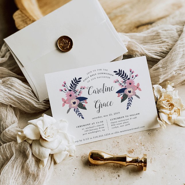 Rosa Meadow | Blommigt Första Heligan Kommunision Inbjudningar (Skapare uppladdad)