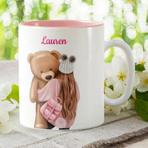 Rosa med Bear Personlig Anpassningsbar Coffee Två-Tonad Mugg
