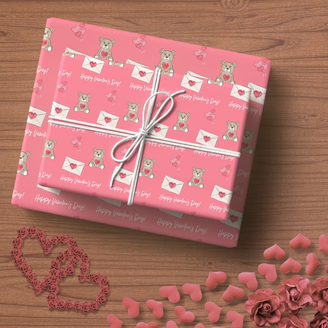 Rosa med björn, hjärtan och anpassad text presentpapper (Blush Pink with Bear, Hearts, and Custom Message Wrapping Paper)