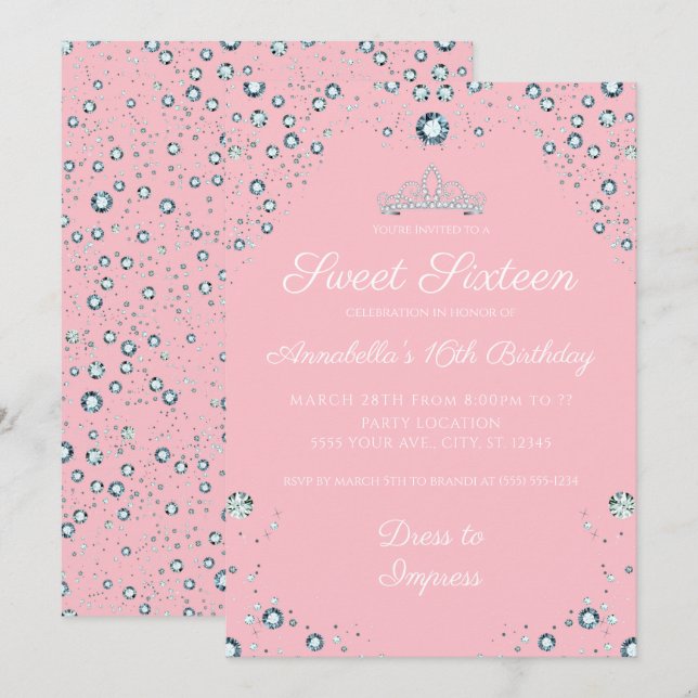 Rosa med diamanter på födelsedagsinbjudningar inbjudningar (Fram/baksida)