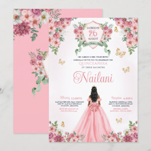 Rosa med Guld Butterflies Ro Bloom Quinceanera Inbjudningar