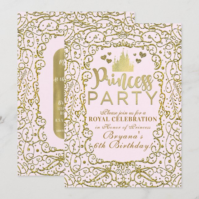 Rosa med guld slott PRINSESS-PARTY Födelsedag Inbjudningar (Fram/baksida)