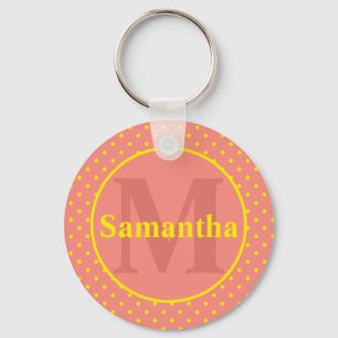 Rosa med Gult Polka dots Monogram Personlig Nyckelring