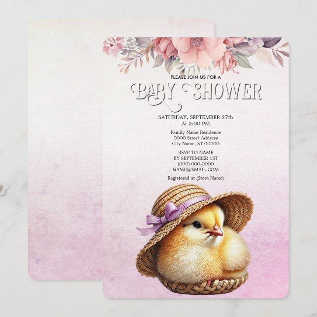 Rosa med liten Chick - inbjudan till babybabybabyk (Fram/baksida)
