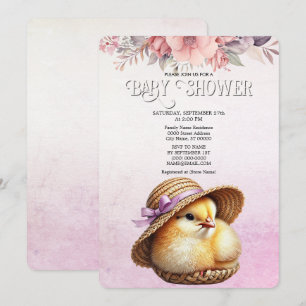 Rosa med liten Chick - inbjudan till babybabybabyk