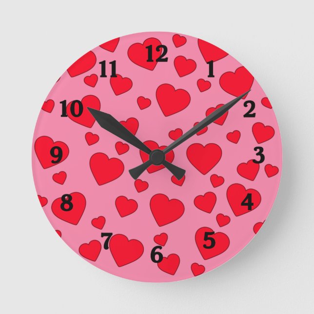 Rosa med Red Hearts Wall Clock Rund Klocka (Framsida)