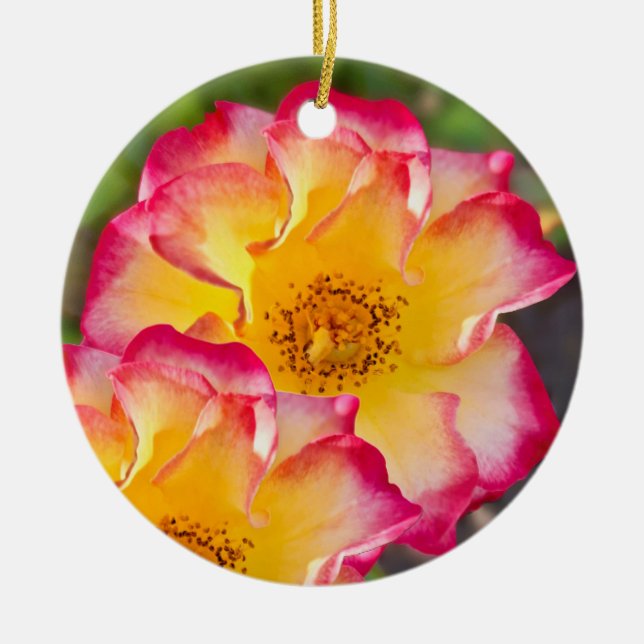 Rosa med rosa och gul färg julgransprydnad keramik (Framsidan)