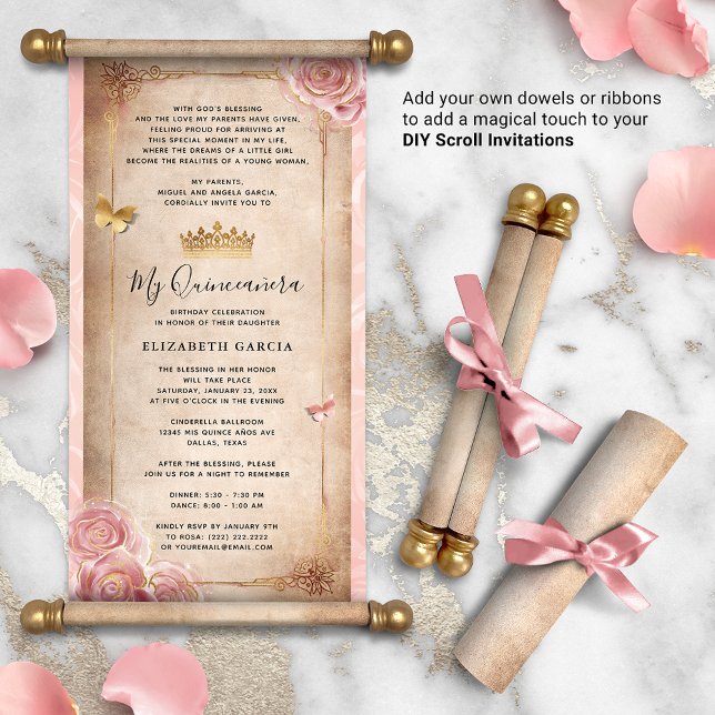 Rosa med roséguld gör-det-själv-inbjudningar till  (DIY scrolls do not come with dowels. Add your own or roll up with a ribbon for a personalized touch!)