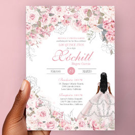  Rosa med Silver Blommar Ro Quinceanera Inbjudningar