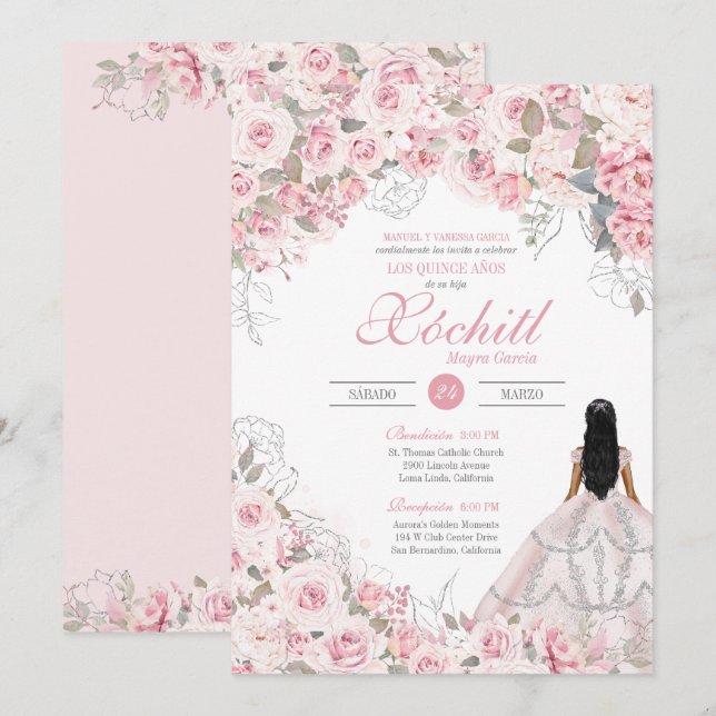  Rosa med Silver Blommar Ro Quinceanera Inbjudningar (Fram/baksida)