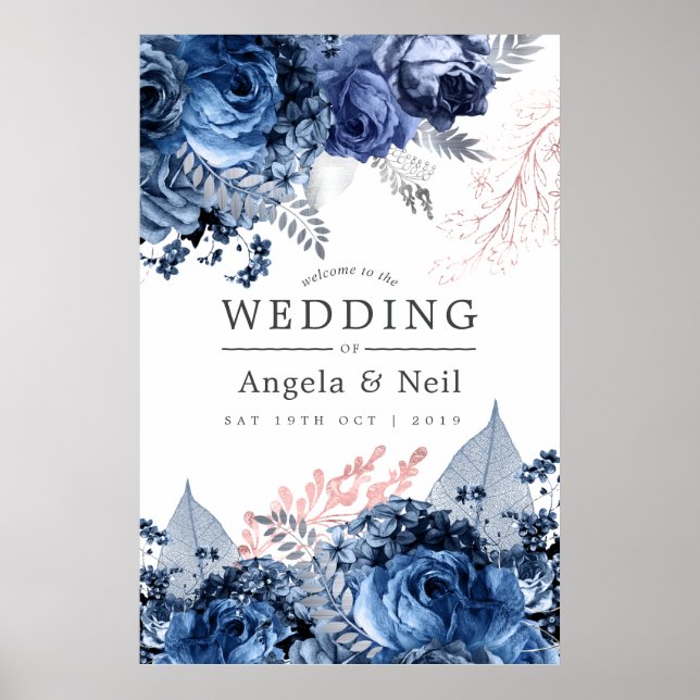 Rosa med Silver Foil Bröllop Välkommen Poster (Framsidan)