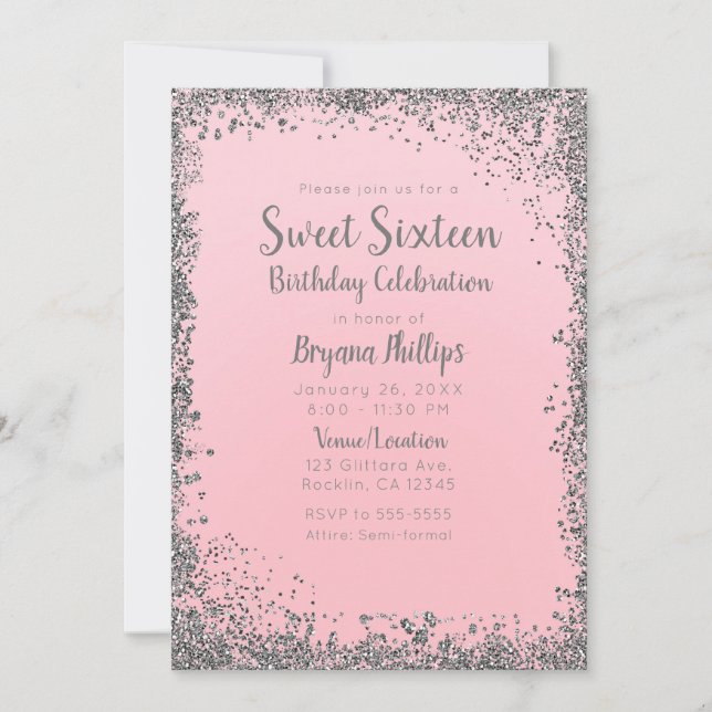 Rosa med silverglitter Glam söta 16-fest Inbjudningar (Framsida)