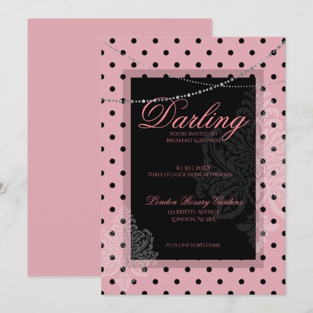 Rosa med svarta prickar frukost brunch inbjudningar (Fram/baksida)