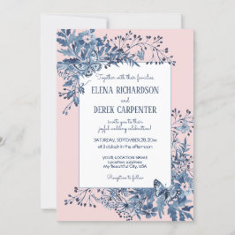 Rosa med vattenfärg, blå vit Blommigt Bröllop Inbjudningar