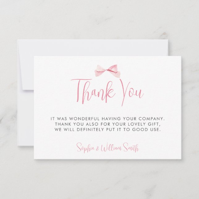  Rosa med vattenfärg Bow Ribbon Girl Baby Shower Tack Kort (Framsida)