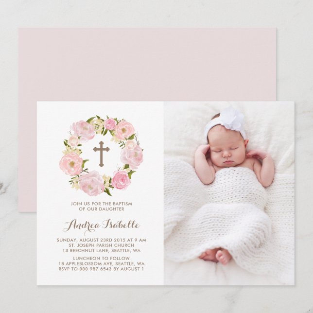  Rosa med vattenfärg Peony Utandning med foto Bapt Inbjudningar (Fram/baksida)