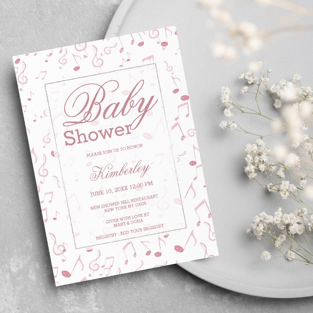  rosa med vit vattenfärgsnota Babykläder Shower Inbjudningar (Blush pink white watercolor music note Baby Shower Invitation)