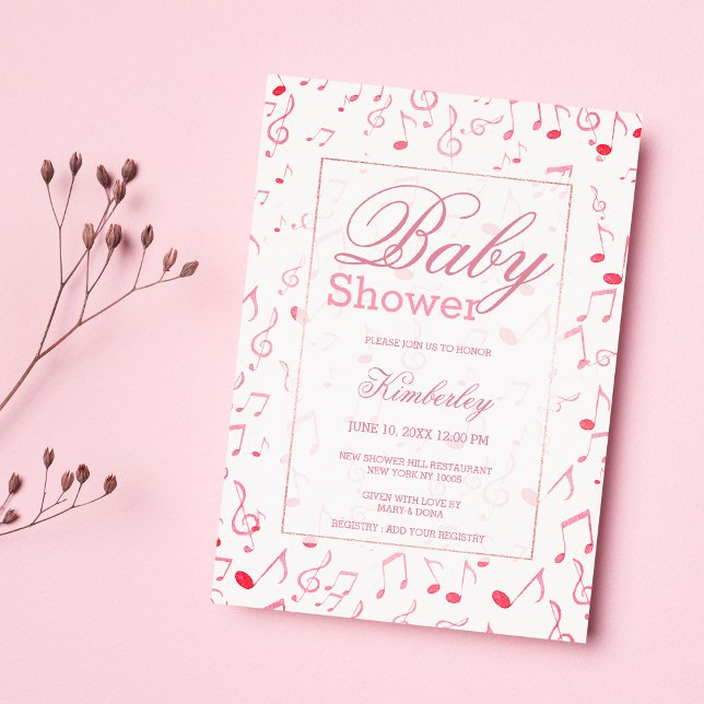 Rosa med vit vattenfärgsnotering Babykläder Inbjudningar (Pink white watercolor music note Baby Shower)