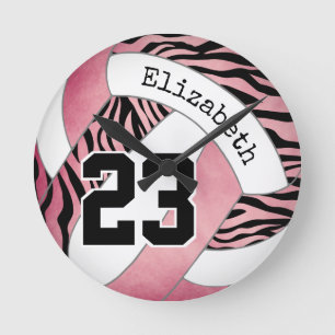 rosa med volleyboll för zebra mönstrad personlig rund klocka
