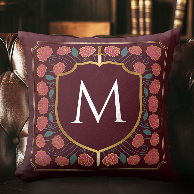 Rosa medeltida svärdsköld monogram kastkudde kudde (Skapare uppladdad)