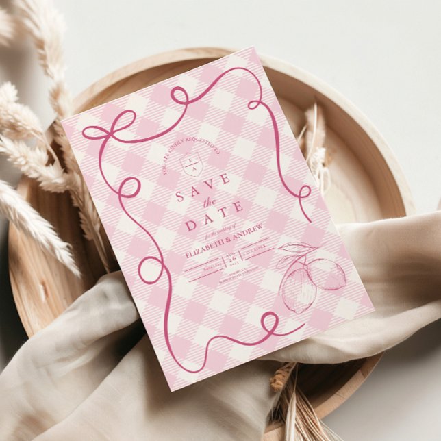 Rosa Mediteranean Bow Gingham Lemons Bröllop Spara Datumet (Skapare uppladdad)