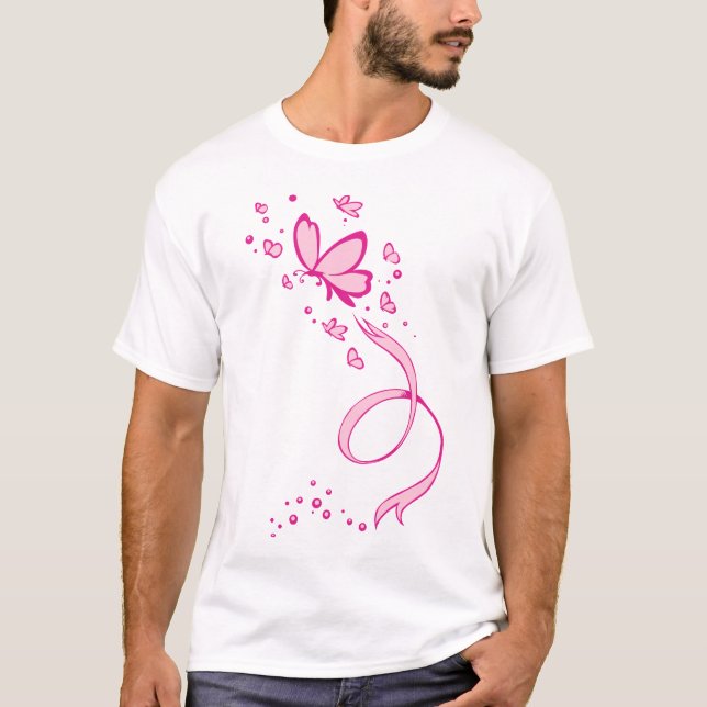 Rosa medvetenhet för fjärilsbandbröstcancer t shirt (Framsida)