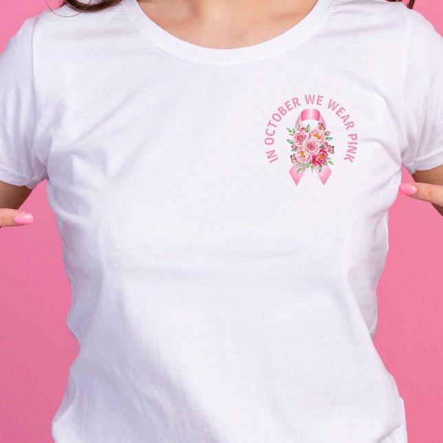 Rosa Medvetenhet om bröstcancer hos band T Shirt (In October We Wear Pink t-shirt mockup)