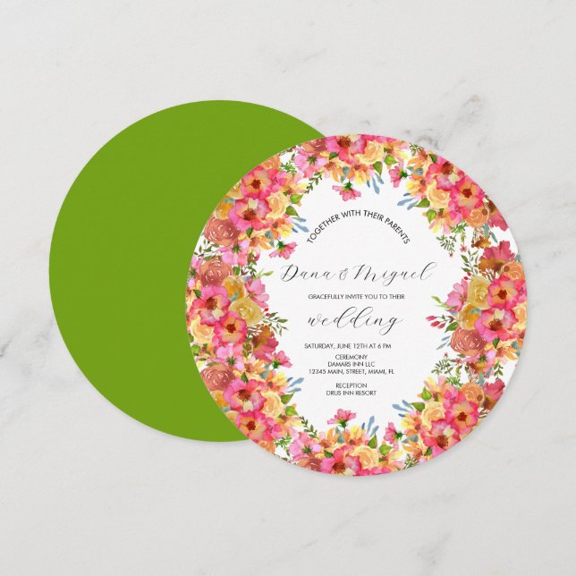 Rosa mellan Blommigt och vattenfärg Bröllop Circle Inbjudningar (Fram/baksida)