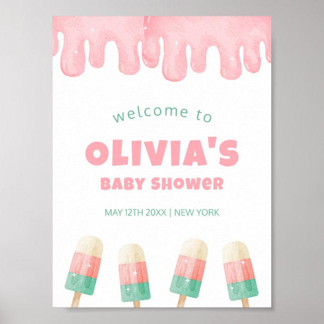 Rosa Melt Ice Cream Pop Baby Shower Välkommen Poster (Framsidan)