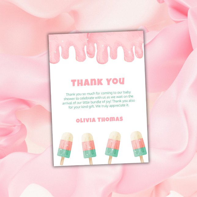 Rosa Melt Ice Cream-Redot till popup Baby Shower Tack Kort (Pink Melt Ice Cream Ready To Pop Baby Shower Thank You Card)