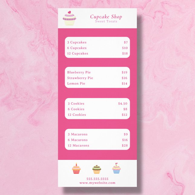 Rosa-meny för cupkaka och Prist rasterkort för lis Reklamkort (Cupcake Pink Menu & Price List Rack Card)