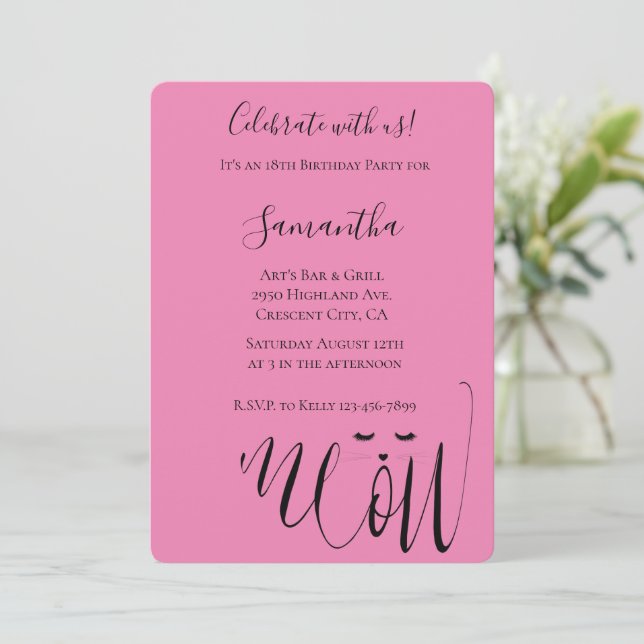 Rosa Meow Cat Birthday Inbjudningar (Stående Fram)