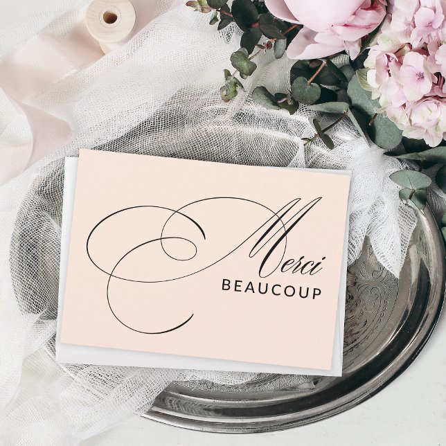  Rosa Merci Beaucoup Elegant Calligraphy Tack Kort (Show your taste and sense of style with this elegant thank you card in beautiful calligraphy script.)