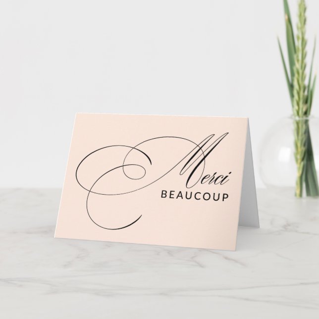 Rosa Merci Beaucoup Elegant Kalligrafi Tack Kort (Framsida)