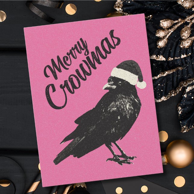 Rosa Merry Crowmas julkort Helgdag Helg Vykort (A funny crow with a Santa hat makes this pink Merry Crowmas  Christmas postcard whimsical and unique)
